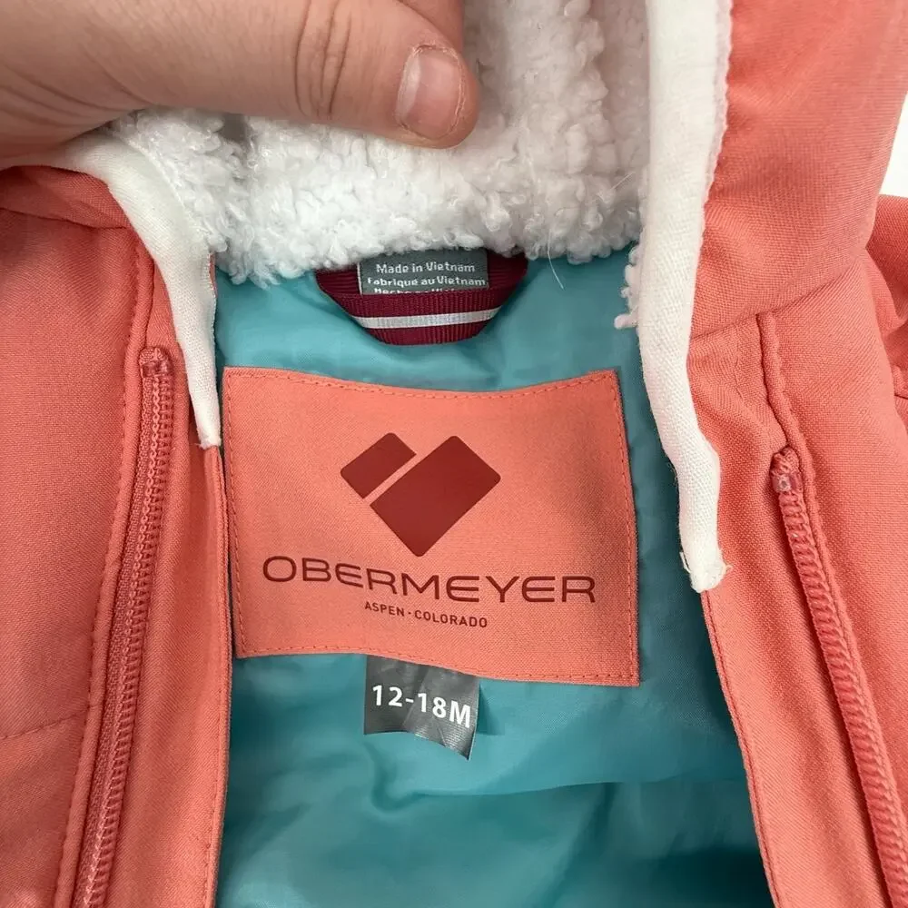 Obermeyer Baby Snowsuit Bunting Coral Pink Floral Pompom Hooded 12-18M Winter